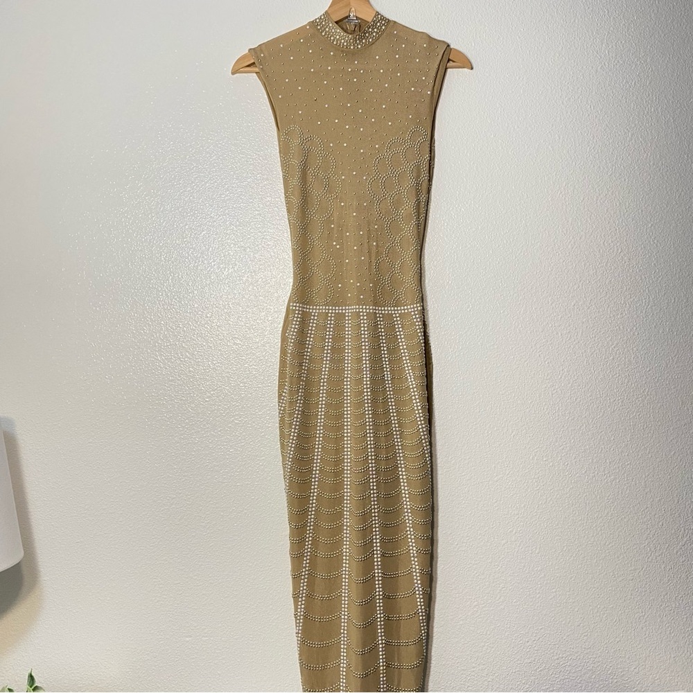 NWOT Fashion Nova Mesh Nude Pearl Embellished Bodycon Dress Womens XS